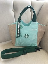 Starbucks light blue green logo tote bag shoulder strap burlap sides coffee
