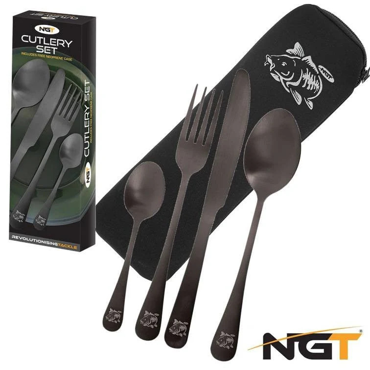 NGT Cutlery 4Pc Set Carp Fishing Camping Fork Spoon Set in Neoprene Case