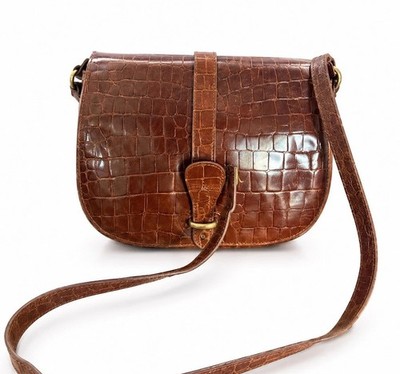 Vintage 1980 s Talbots Glazed Moc Crocodile Saddle Cross Body Leather Bag