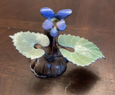 Norman Brumm Enamel on Copper Sculpture Woodland Violet on Burl Ring Holder
