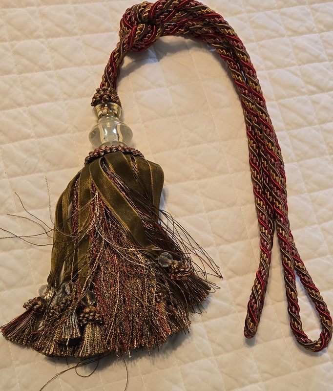 Decorative Curtain Tie-Back Tassel with Glass Accent, Gold Red Brown Cord