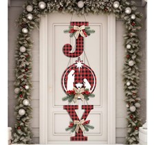 SOAAO 1 Set of 3 Pcs Christmas Joy Sign Buffalo Plaid Christmas Wreaths Rustic