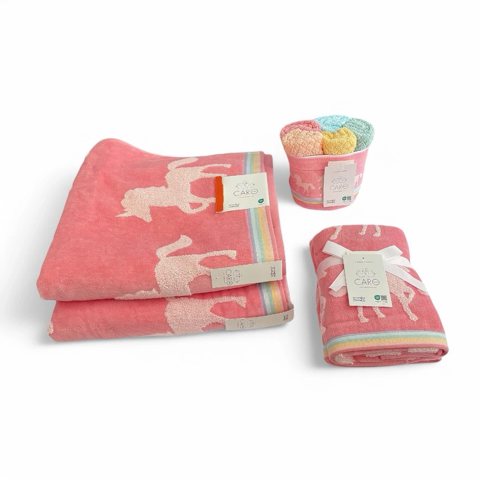 Caro Home 9PC Bath Towel Set UNICORN Coral Pink 100% Cotton Super Soft NEW - Image 3 of 4