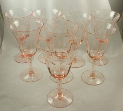 Pink Depression Etched Ribbed Glass Wine Goblets Set of 8