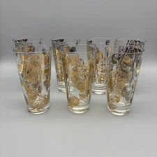 Gay Fad Gold Acorn Leaf High Ball Glasses 5.75” Tall 12 Oz MCM Set Of 7