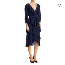 Alice + Olivia Kye v neck Navy Long Sleeve Ruffle Dress