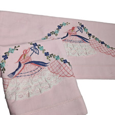 VTG Pink Embroidered Pillowcases Lace Trim Cottagecore 19x29 - Set of 2