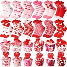 12 Pair Valentine's Day Cupcake Socks Fuzzy Socks Gift with Cupcake Card Heart