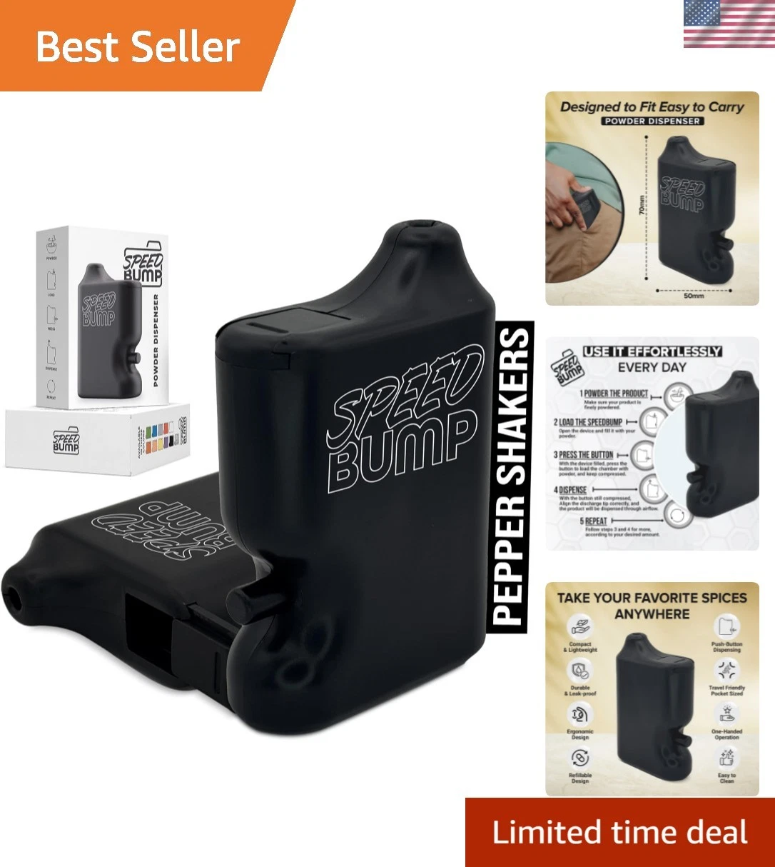 Portable Pepper Shaker Black - Versatile Seasoning Set, Multi Functional Salt...