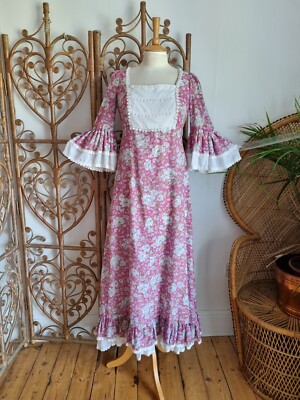 Vintage Pink Quad floral cotton mix cottagecore 70s prairie maxi dress S |  eBay UK
