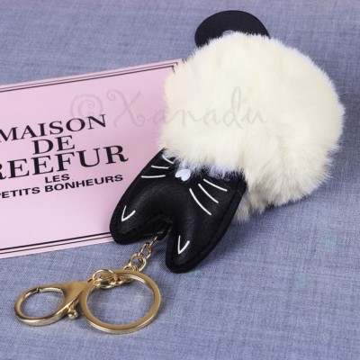 Black Kitty Cat Keychain And Backpack Clip With White Plush Pom Pom - A0099914