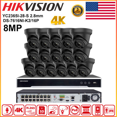 Hikvision 4K 16ch 16POE CCTV System 8MP IR30 MIC IP Camera Acusense Outdoor Lot