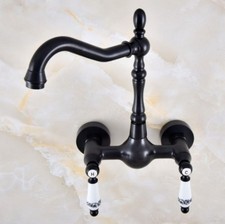 Oil Rubbed Bronze Wall Mount Dual Ceramic Handles Bathroom Basin Sink Faucet