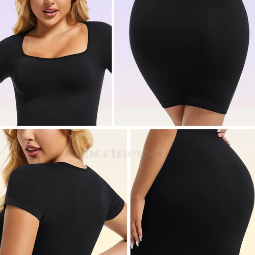 Mujeres Vestido ceñido al cuerpo sin cordones completos modelador debajo del vestido control de barriga manga corta - Imagen 11 de 34