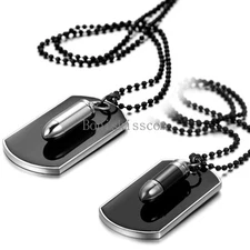 Men's Stainless Steel Black Bullet Dog Tag Pendant Necklace w Bead Chain