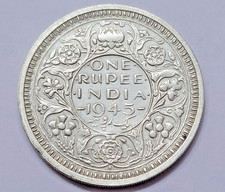 India: 1945 King George VI One Rupee Pure Silver Coin. High Grade. 11.72gms.