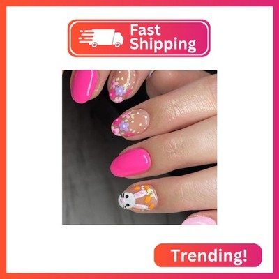 24Pcs Easter Press on Nails Bunny Fake Nails Almond Shape Glue on Nail Cute Fals
