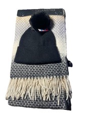 Vince Camuto Black Pom Beanie Plaid Scarf Winter Set Soft Cozy NWT