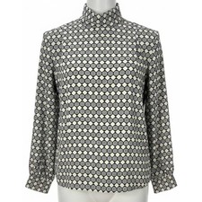 EVA LAUREL Blouse 8 Beige Blue Shoulder Pads Long Sleeves Made in USA Mod Retro