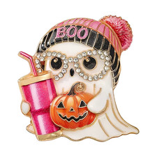 Halloween Ghost Brooch Pin Boo Pumpkin Gold Tone Rhinestone Spooky Jewelry Gift