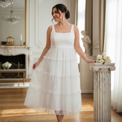 G-25 Adrianna Papell White Lace Tiered Dress Size 14W NWT  Square Neck Midi