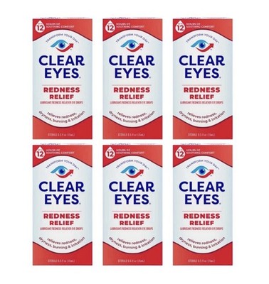 6 Pack Clear Eyes Redness Relief Eye Drops 0.5oz Each Expires 2027 Long Dates
