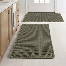 Set of 2 Waffle Bathroom Rugs Boho Bath Mat Green 18x30 Inch  Non Slip, Super