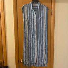 Kavu Women’s Striped Sleeveless Shift Shirtdress Button Down Blue Rayon Small