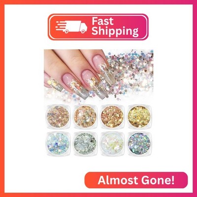 Laza 8 Colors Nail Art Glitter Diamond Dust Iridescent Nail Powder Chunky Glitte