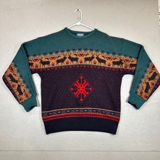 Pendleton Wool Sweater Mens XL Vintage Green Elk Southwestern Intarsia Knit USA