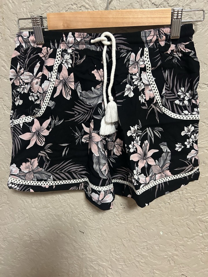 Rhythm Women’s Black Pink Floral Shorts Elastic Waist Drawstring Pockets Size 8