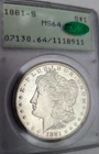 1881-S (MS64 CAC) Morgan Silver Dollar $1 PCGS Rattler