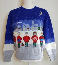 Vintage Susan Bristol Christmas Sweater Shetland Wool Sz S Carolers Holiday 1991