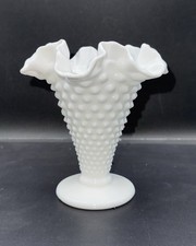 Vintage Fenton White Milk Glass Hobnail 7.5   Trumpet Vase Ruffled Edge..