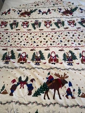 Primitive Folk Art Cotton Christmas Themed Tablecloth 66” Round Nordic Gnome