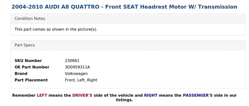 2004-2010 奥迪 A8 四轮车 - 前座头枕电机带变速器 — 第 4/4 张图片
