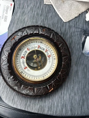 Old VTG Antique German Circular Brass Barometer Wood old 7” DIA  Weather Station
