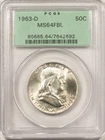1963-D FRANKLIN HALF DOLLAR - PCGS MS-64 FBL, OLD GREEN HOLDER, PQ, LOOKS GEM!