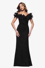 Xscape 3856 Ruffled Off-the-Shoulder Crepe Sheath Gown Petite Sz 6P Black $226