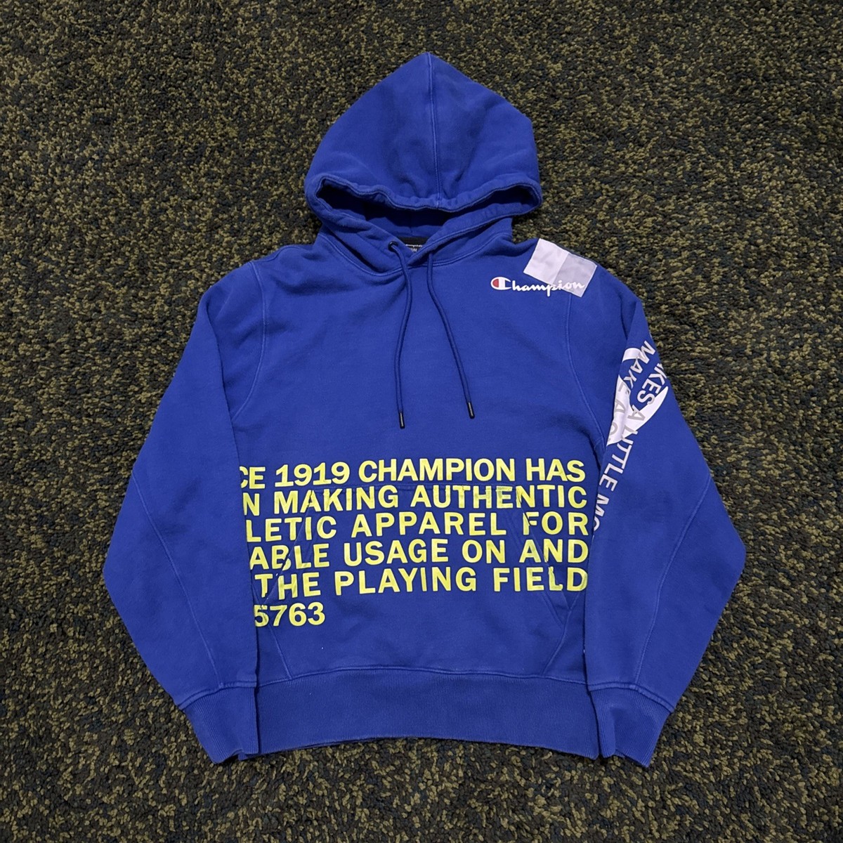 Champion Hoodie Blue All Over Print Pullover SweatShirt Mens Size