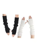 Clothirily Arm Warmers, Women's Winter Long Fingerless Gloves Knit Black, White