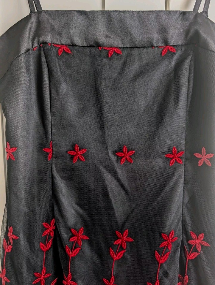 Roman Black Strappy Lined Dress With Red Embroidered Flowers Size 16