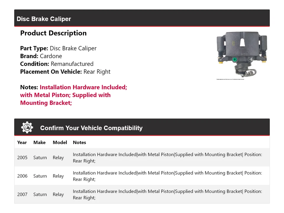 Pinza de freno de disco trasera derecha Cardone 2006 Saturn Relay 2005-2007 Foto 2 de 4