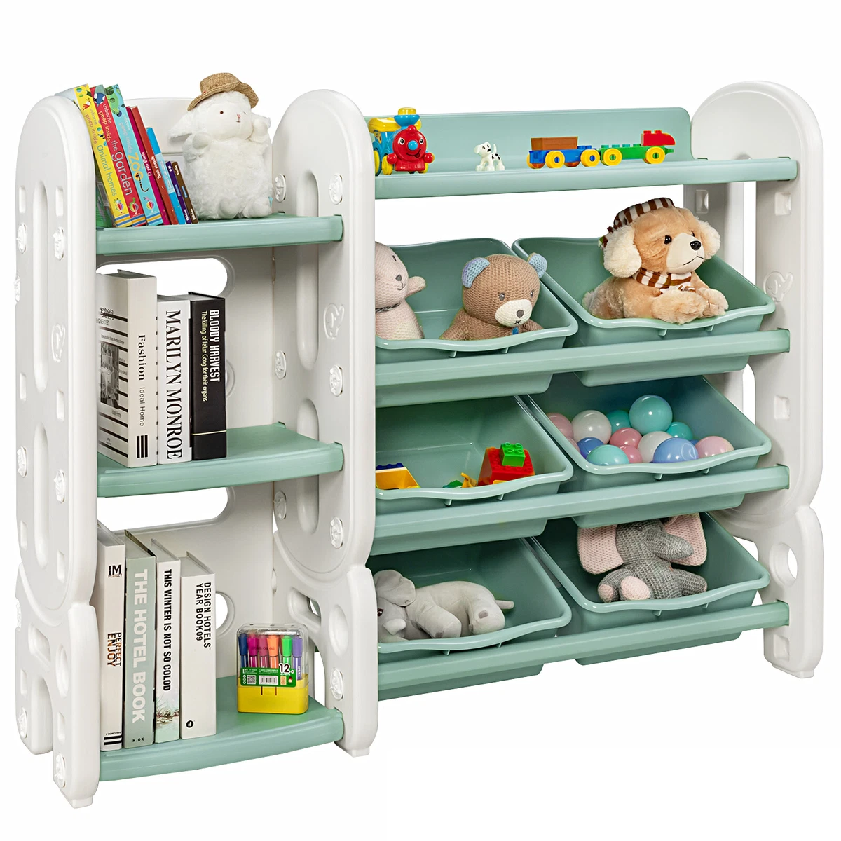 Kids shelf on sale with bins