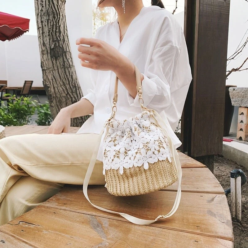 Women Beach Handbag Bucket Bag Straw Bucket Rattan Woven Shoulder Purse Bag - Image 3 of 4