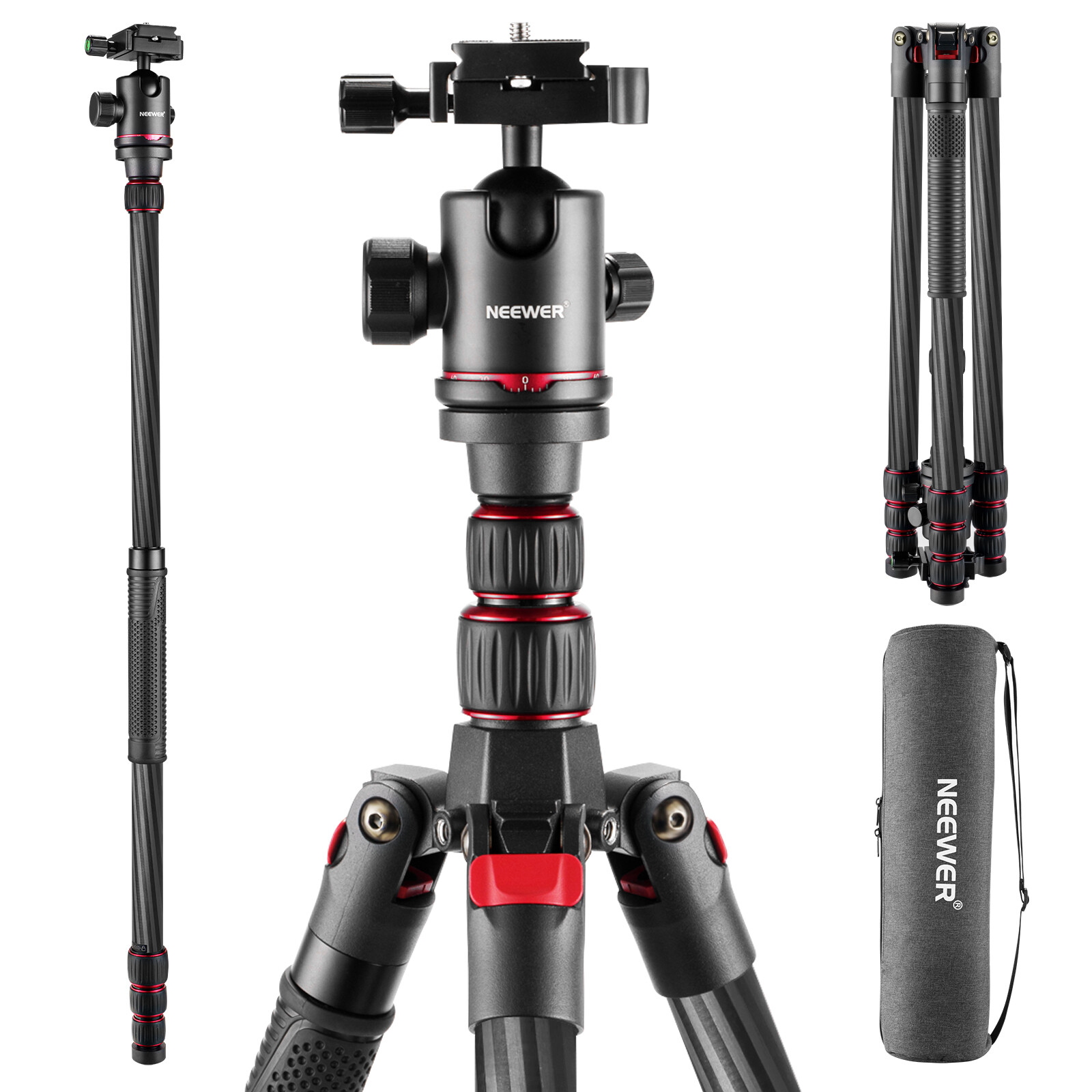 NEEWER Upgraded 80.7''Carbon Fiber Tripod&Telescopic 2 Section Center Axes