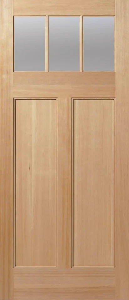 Exterior Hemlock 3 Lite Flat Panel Craftsman Entry Solid Stain Grade Wood Doors - Image 2 of 4