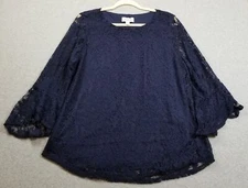 Elle Top Women’s Extra Large XL Blue Lace ¾ Bell Sleeve Crewneck Romantic Date