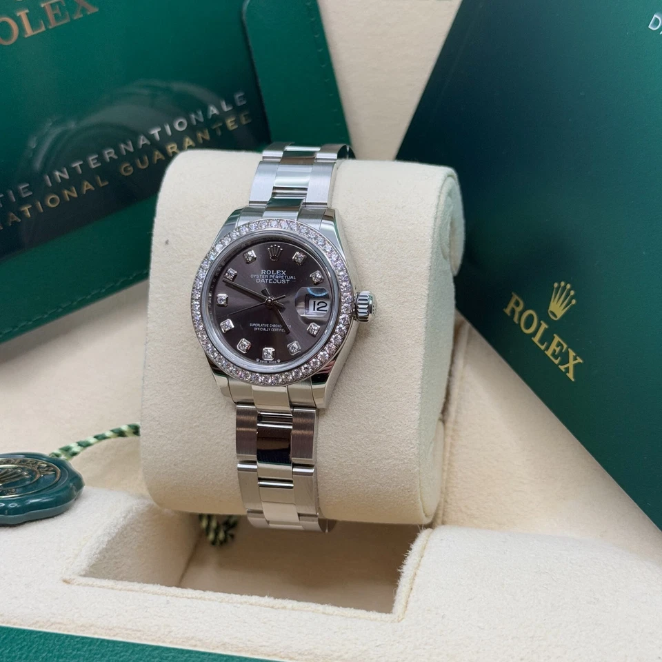 Rolex Lady-Datejust 28 esfera de diamante rodio acero inoxidable bisel de diamante Oyster Foto 2 de 4