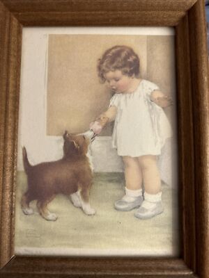 VINTAGE 1930 S BESSIE PEASE GUTMANN  The Reward  ART PRINT MATTED & OAK FRAME 